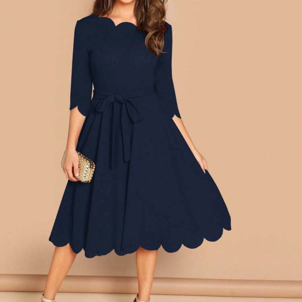 NWOT - Elegant Navy Blue Scalloped Dress